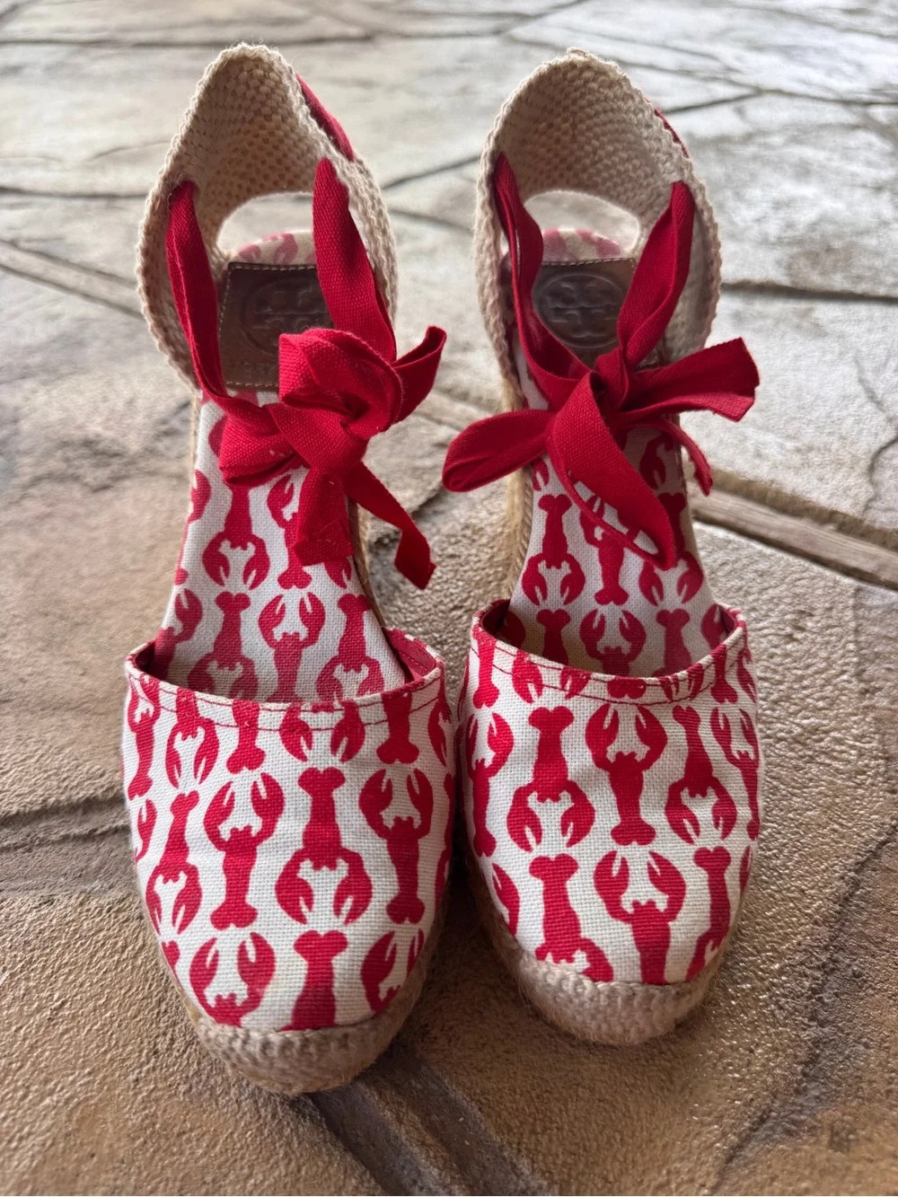 Tory Burch Lobster Print Wedge Wrap Espadrilles Ankle Tie Canvas EU 35 US 5